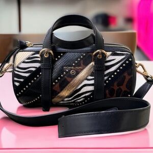 Michael KORS Stanton Animal Print Leather Barrel Bag Purse Black White Gold Tan